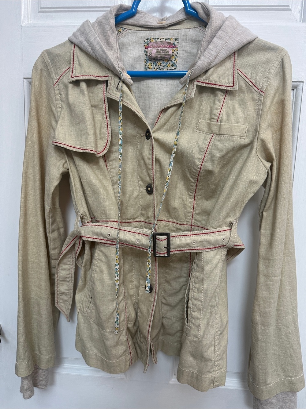 Free People Hooded Belted Utility Jacket in Light Beige with Contrast Stitching